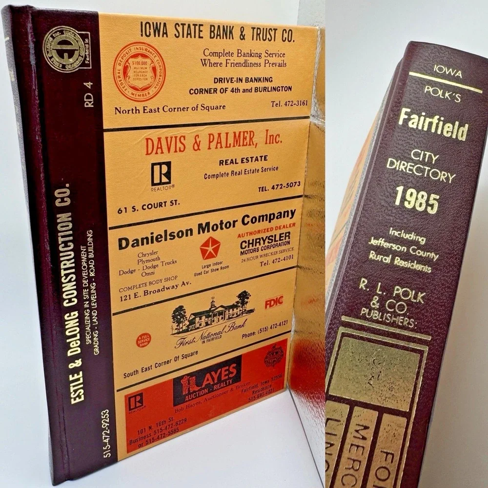 1985 Fairfield Iowa City Business Directory HC Book Phone Advertisements Ads Vtg